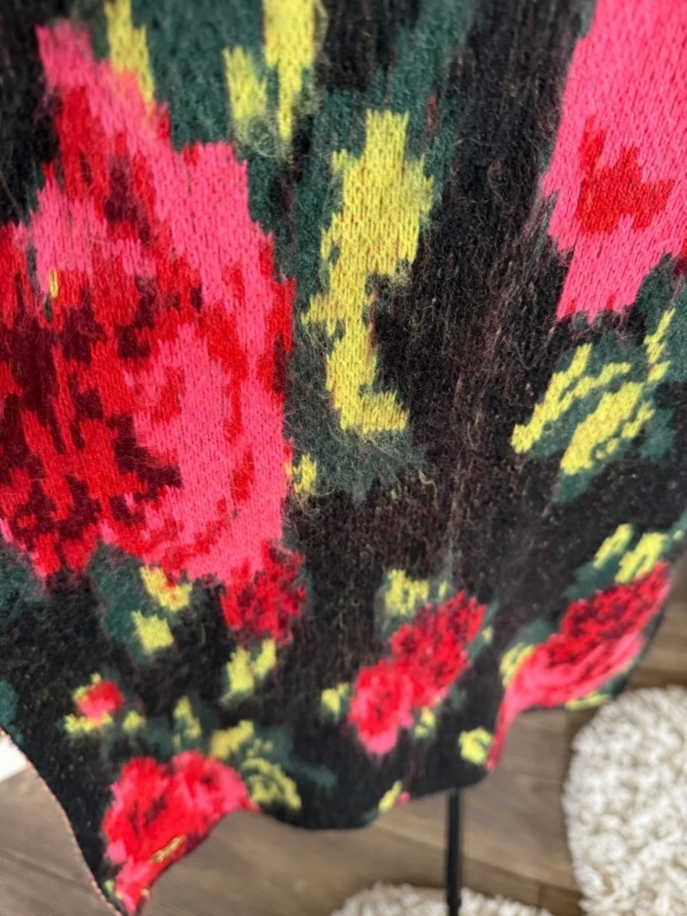 Betsey Johnson Black Knit scarf with Red and Pink Floral Print NWT
